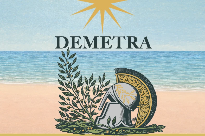 Illustrazione originale Demetra: ulivo, sole, mare e simbolo della Sicilia